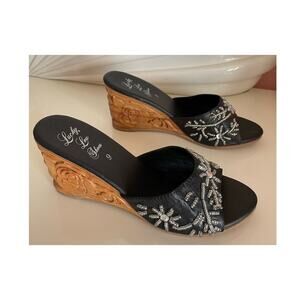 Lucky Lou Shoes Vintage Style Wooden Carved Heel Mules Limited Edition Size 9